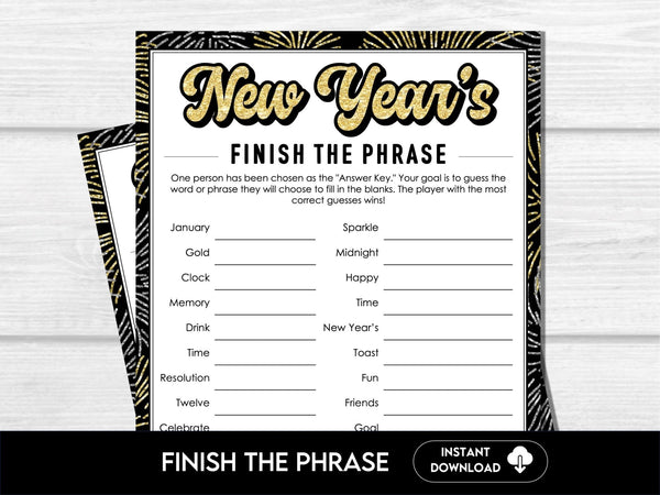 New Years Eve Finish the Phrase Game, Printable Games, Fun New Years Eve Party Games, NYE Games, Adult Party Games, Kids NYE Party Game - Before The Party