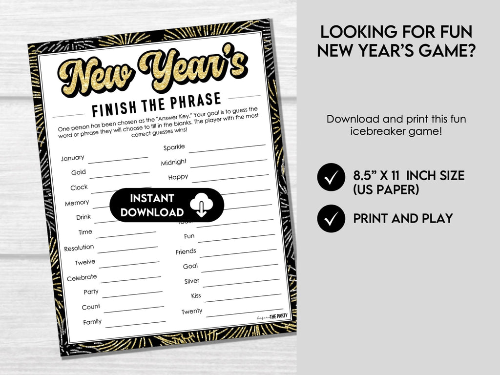 New Years Eve Finish the Phrase Game, Printable Games, Fun New Years Eve Party Games, NYE Games, Adult Party Games, Kids NYE Party Game - Before The Party