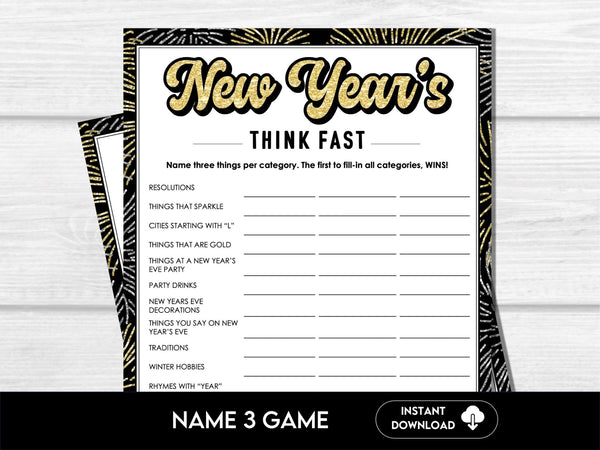 New Year's Eve Printable Party Game - Think Fast - Name Three - Before The Party