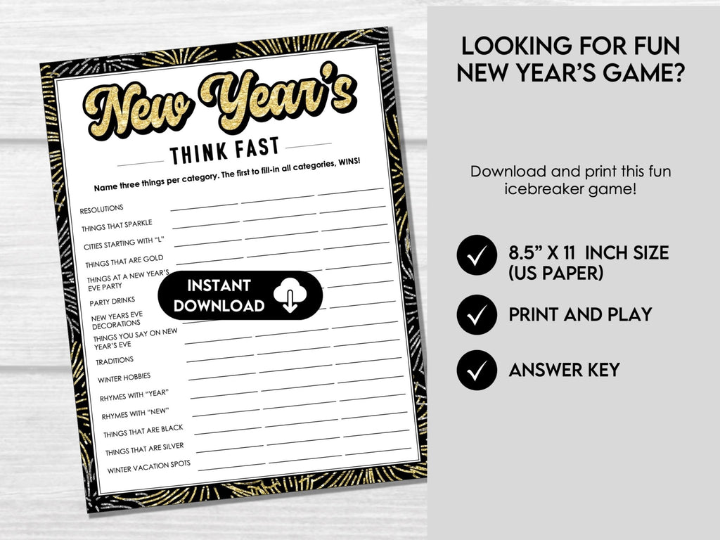 New Year's Eve Printable Party Game - Think Fast - Name Three - Before The Party