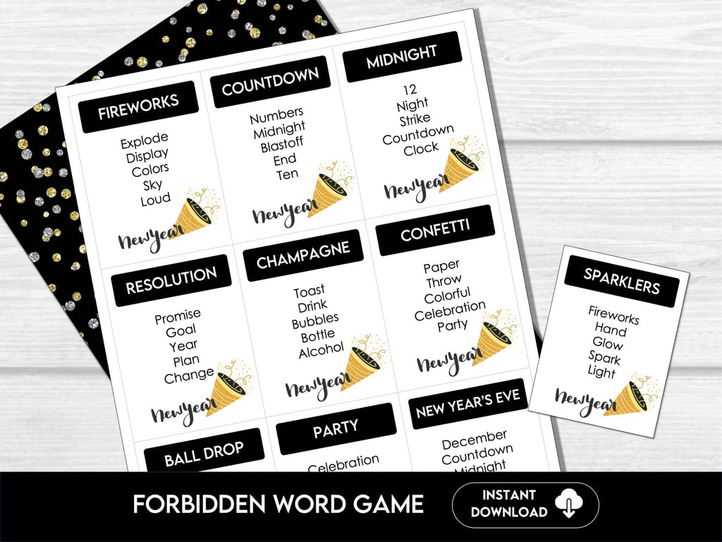 New Year's Forbidden Word Game | Holiday Guess The Word Game | Printable New Year's Eve Party Games | Family Game, Kids & Adults, Taboo - Before The Party