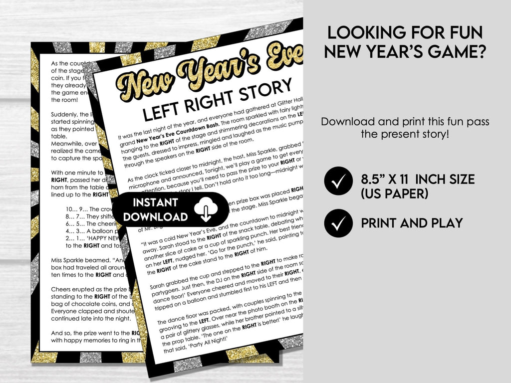 New Year's Left Right Game, Printable New Year's Eve Left Right Story, New Year's Eve Party Games, Pass the Gift, Gift Exchange Game - Before The Party