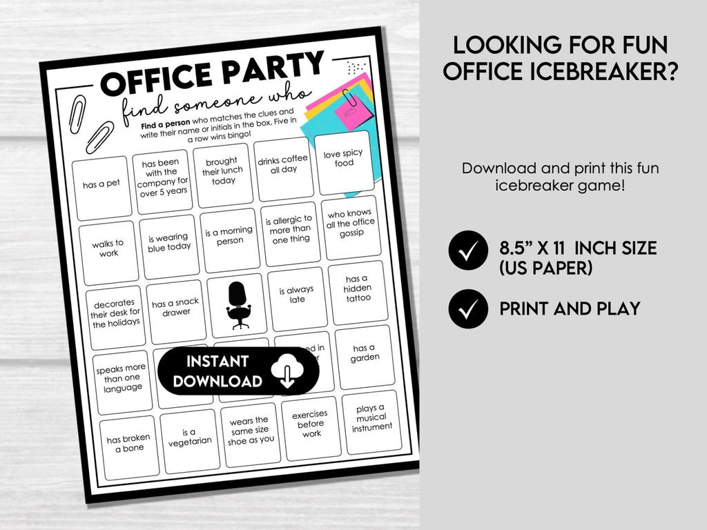 Office Party Find Someone Who Game, Work Party Bingo Game, Fun Coworkers Game, Group Activity, Team Building Game, Staff Icebreaker Game - Before The Party