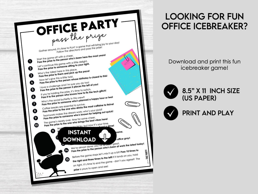 Office Party Pass The Prize Game, Work Party Game, Fun Printable Coworkers Game, Group Activity, Team Building Game, Staff Icebreaker Game - Before The Party