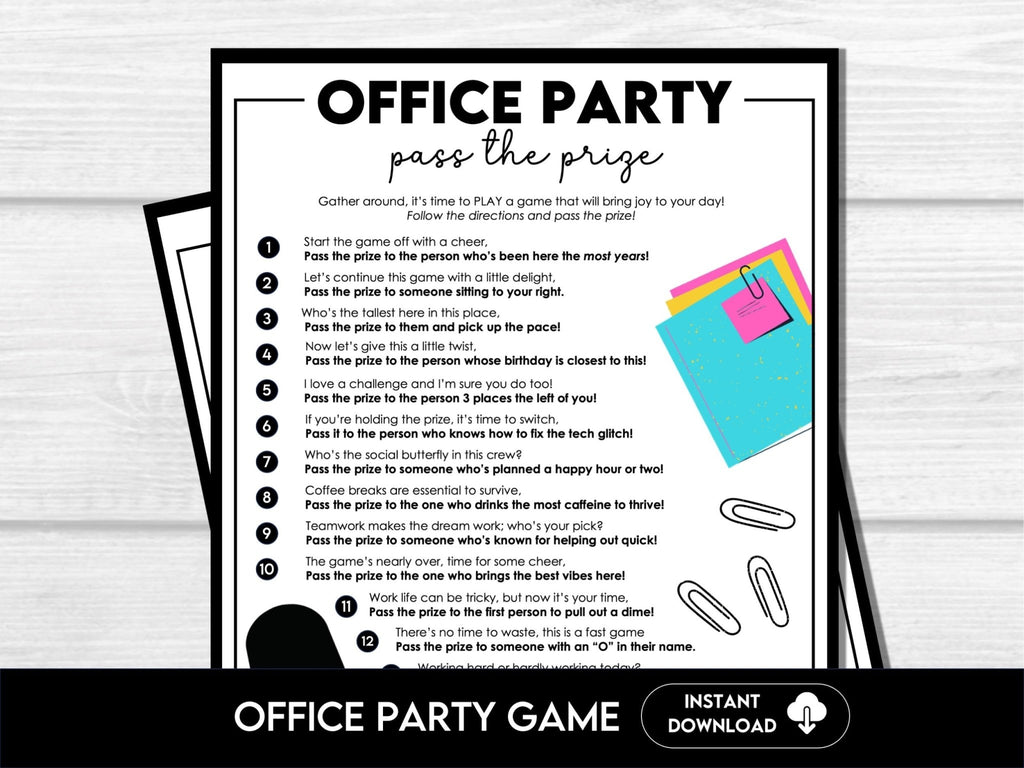 Office Party Pass The Prize Game, Work Party Game, Fun Printable Coworkers Game, Group Activity, Team Building Game, Staff Icebreaker Game - Before The Party