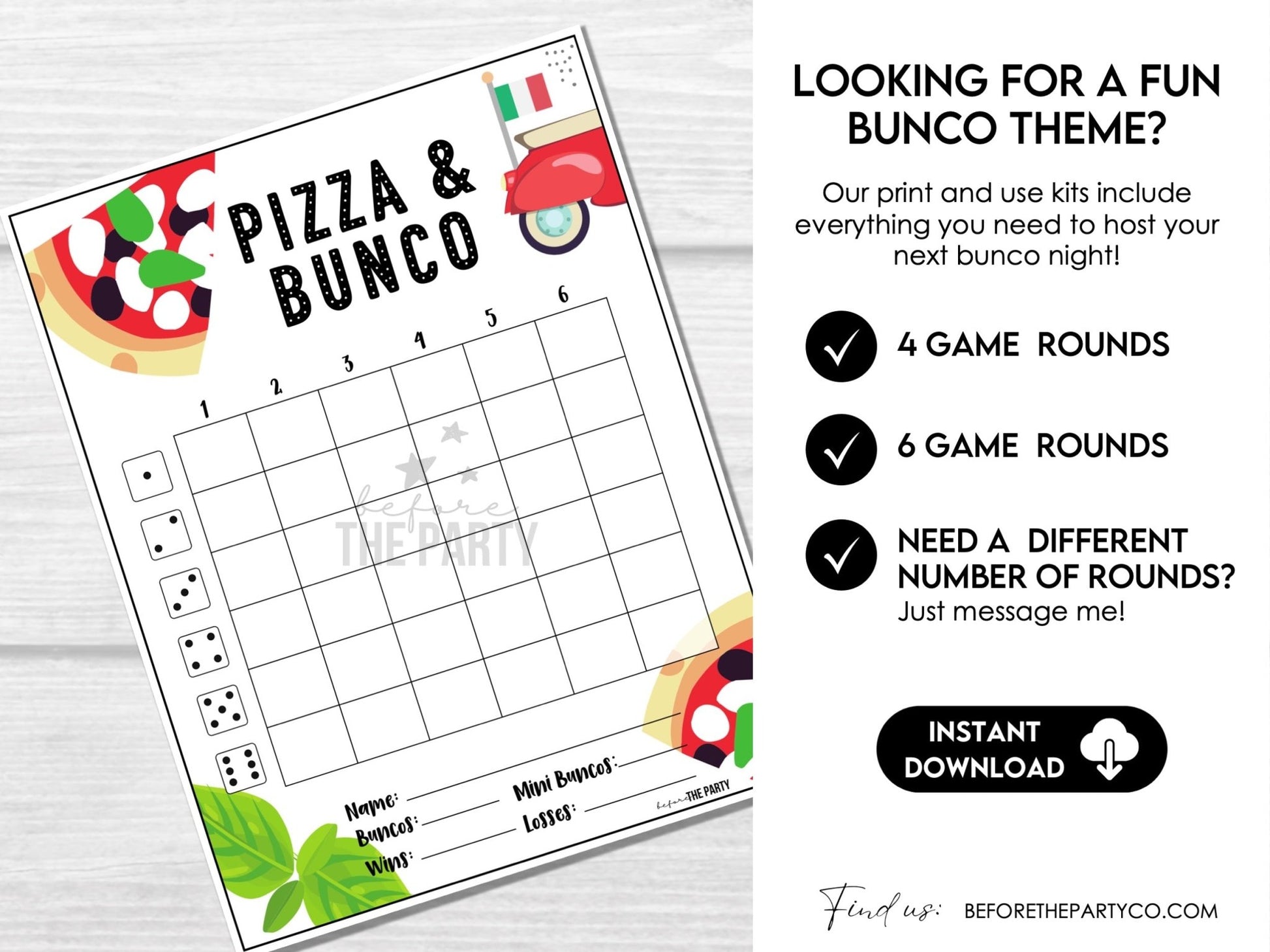 Pizza Party Bunco Score Sheets - Italian Theme Pizza Night Bunco