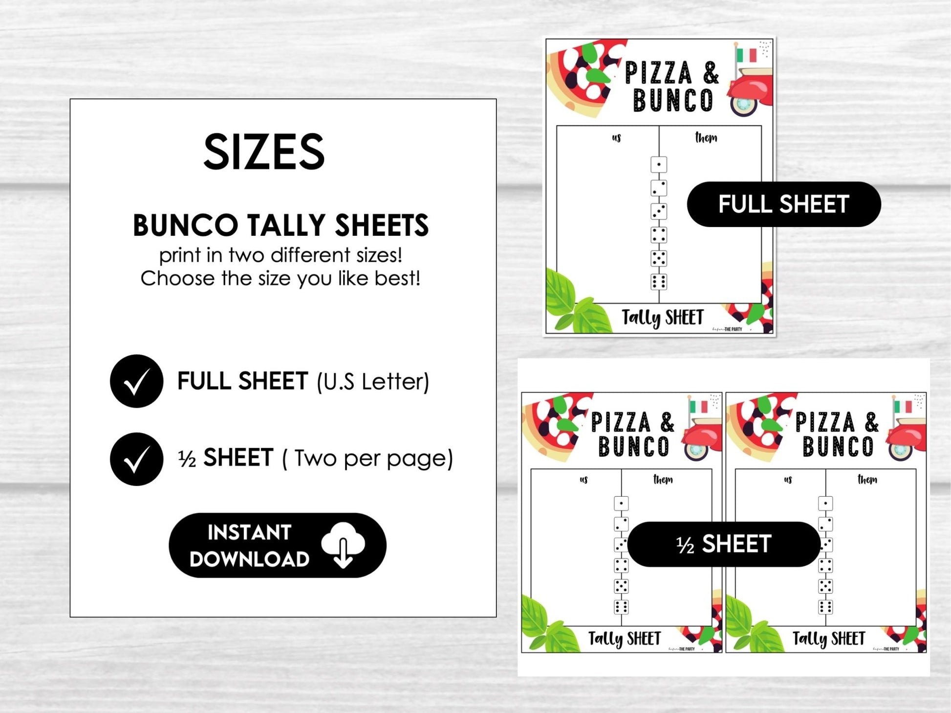 Pizza Party Bunco Score Sheets - Italian Theme Pizza Night Bunco