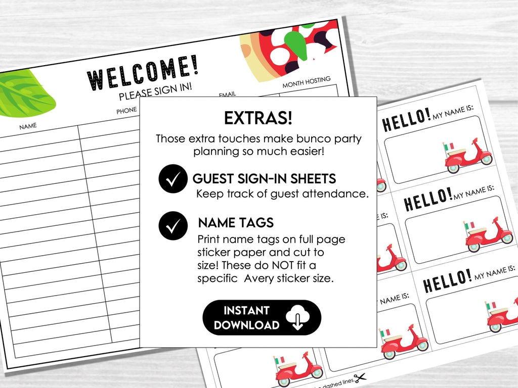 Pizza Party Bunco Score Sheets - Italian Theme Pizza Night Bunco - Before The Party