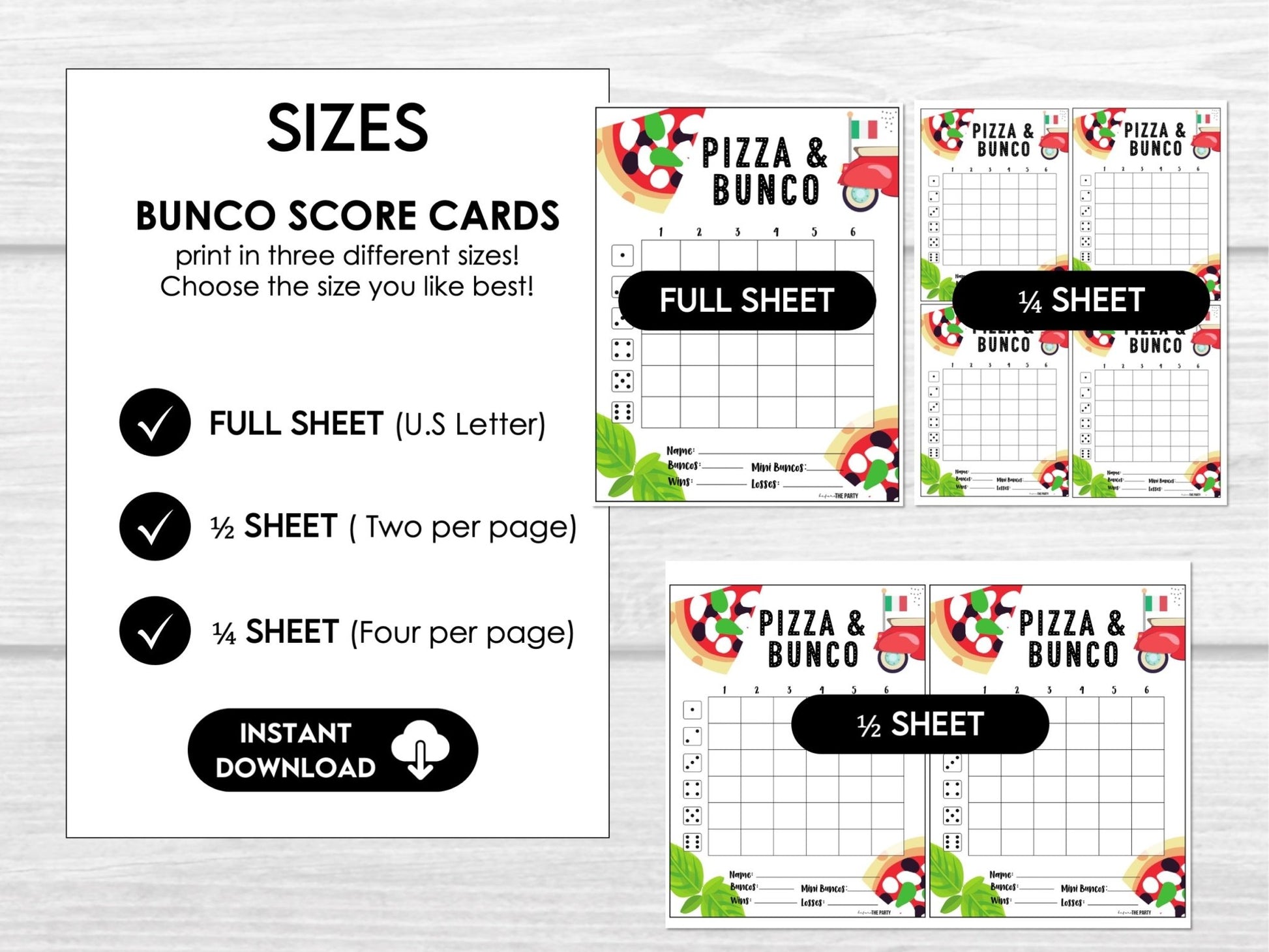 Pizza Party Bunco Score Sheets - Italian Theme Pizza Night Bunco