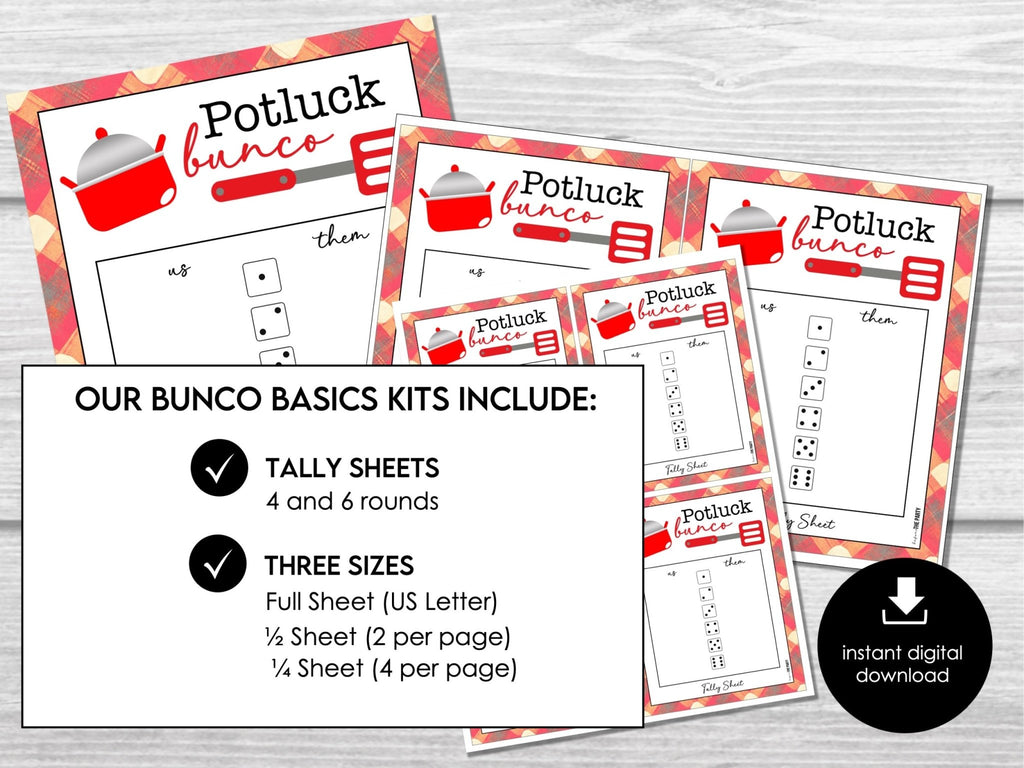 Potluck Bunco Score Sheets, Printable Bunco Score cards, Fun Bunco Theme, 4 games, 6 games, Tally Sheets & Table Cards - Before The Party