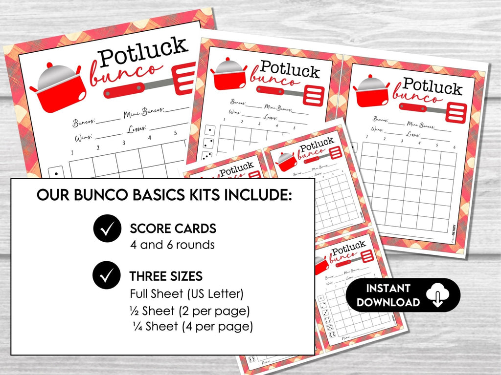 Potluck Bunco Score Sheets, Printable Bunco Score cards, Fun Bunco Theme, 4 games, 6 games, Tally Sheets & Table Cards - Before The Party