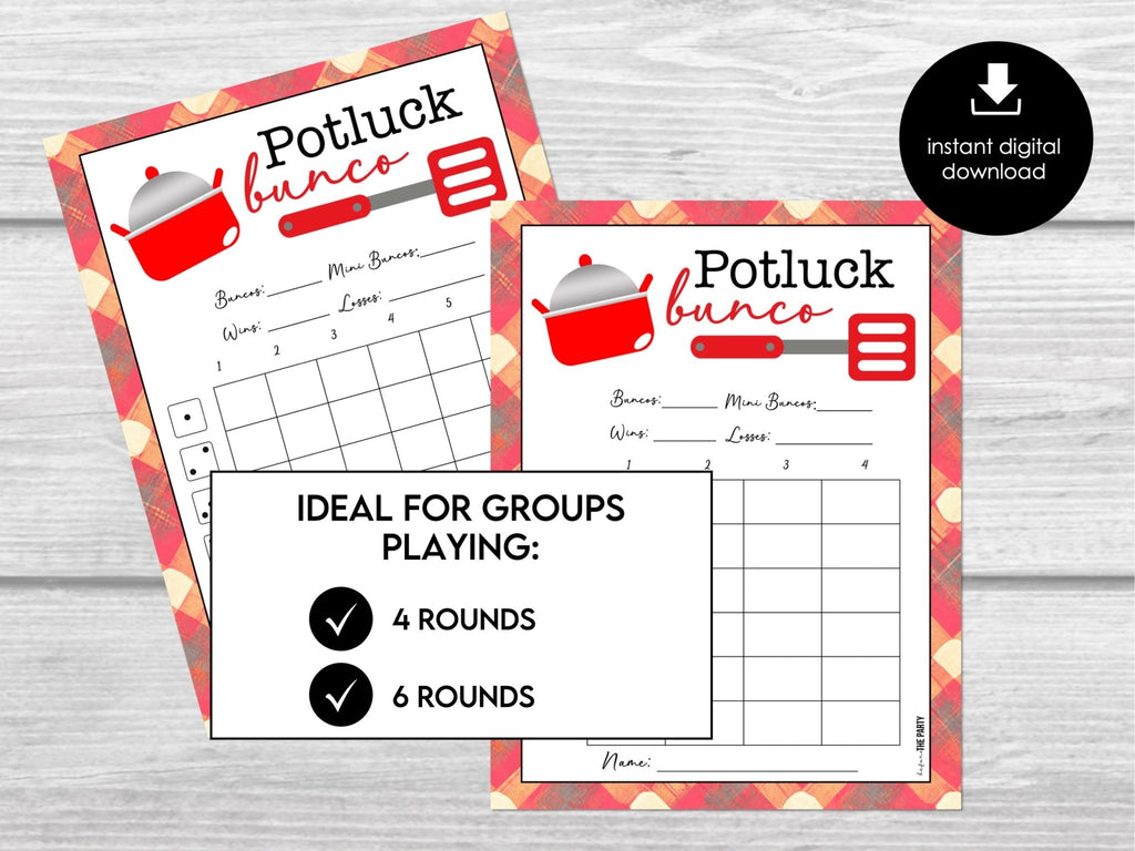 Potluck Bunco Score Sheets, Printable Bunco Score cards, Fun Bunco Theme, 4 games, 6 games, Tally Sheets & Table Cards - Before The Party