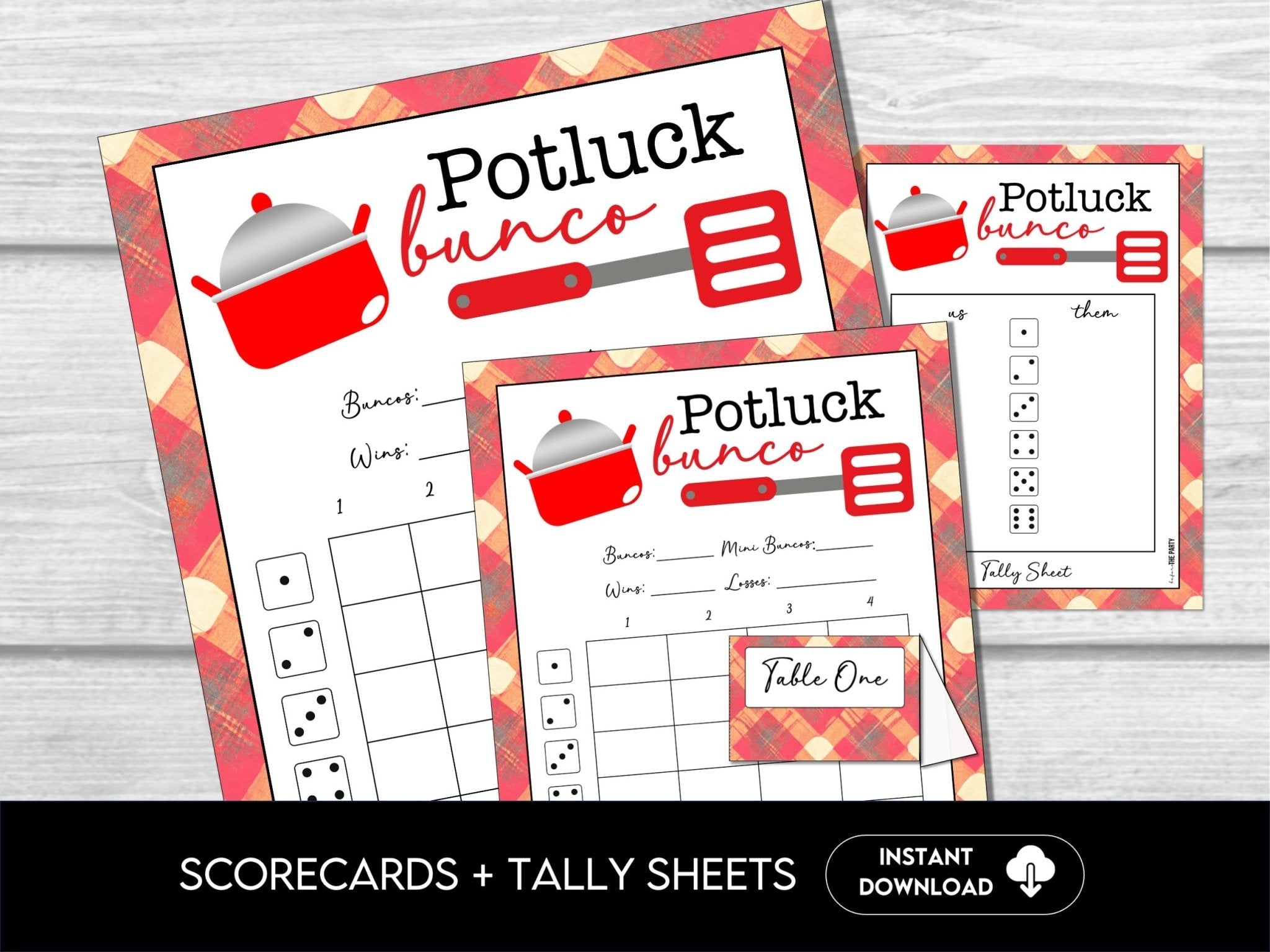 Potluck Bunco Score Sheets, Printable Bunco Score cards, Fun Bunco Theme, 4 games, 6 games, Tally Sheets & Table Cards - Before The Party