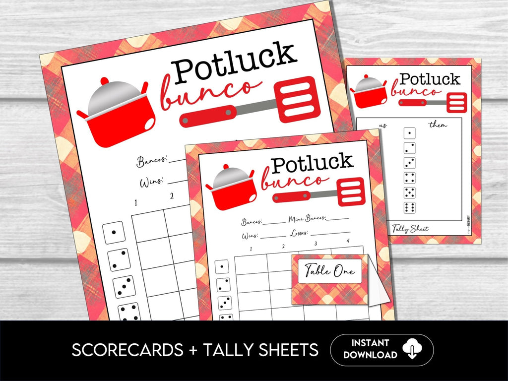 Potluck Bunco Score Sheets, Printable Bunco Score cards, Fun Bunco Theme, 4 games, 6 games, Tally Sheets & Table Cards - Before The Party