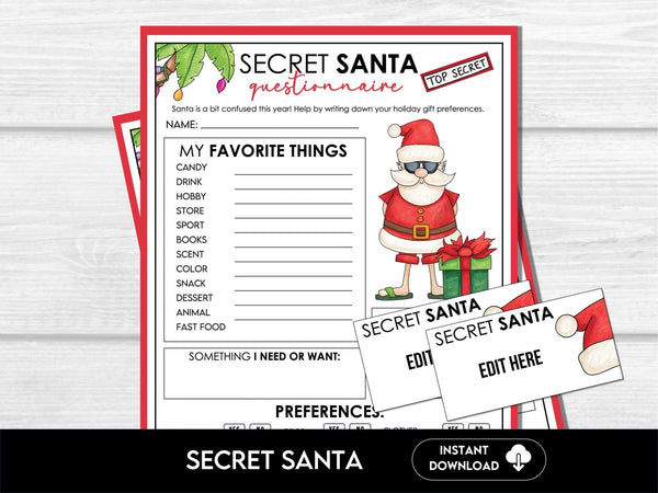 Printable Secret Santa Questionnaire for Christmas Gift Exchange, Family, Work, Office, School, Secret Santa Gift Swap Ideas, Holiday Party - Before The Party