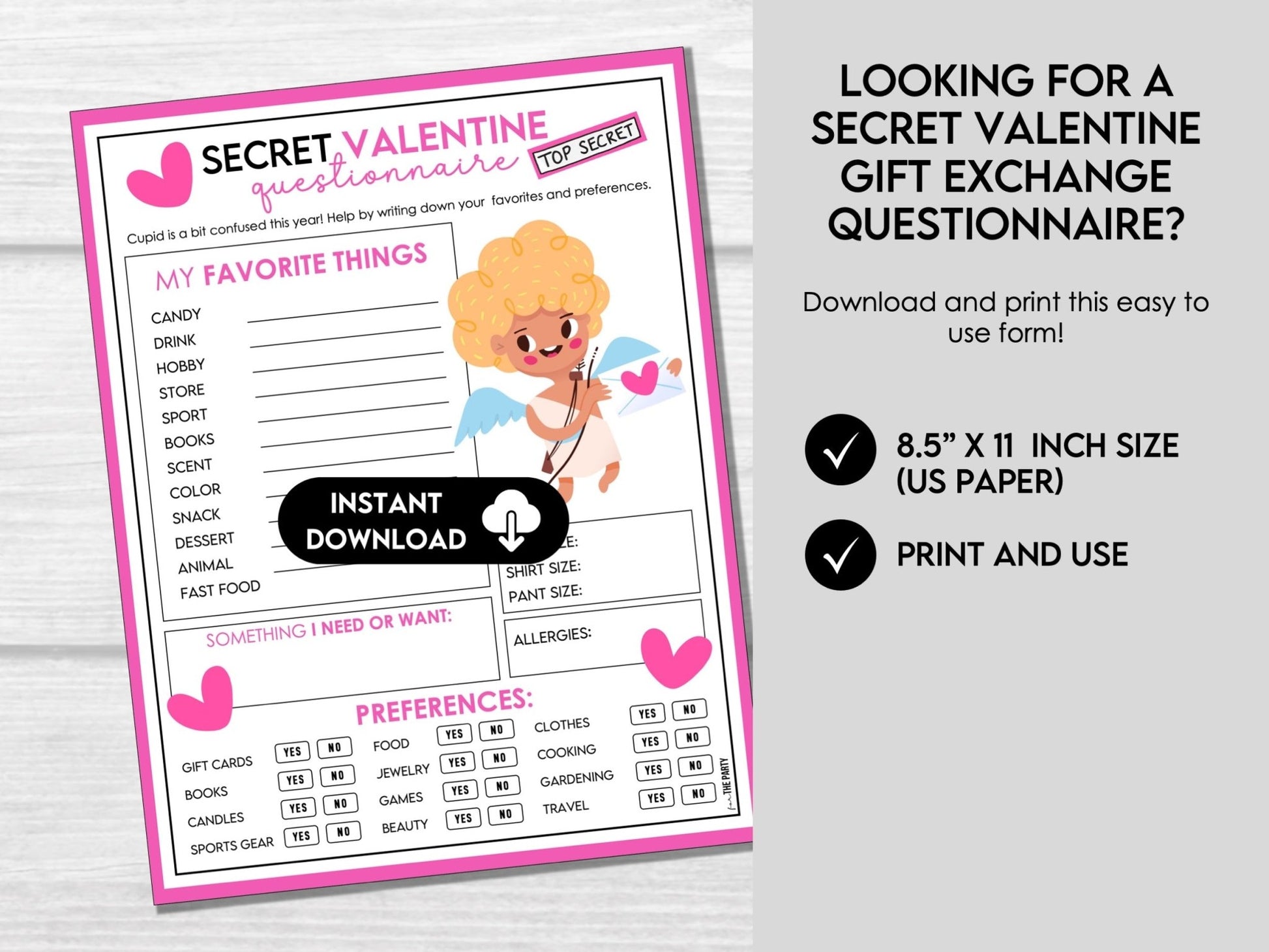 Printable Secret Valentine Questionnaire for Fun Gift Exchange, Valentine's Day Gift Swap Ideas, Galentine's Day Secret Gift Exchange Ideas - Before The Party
