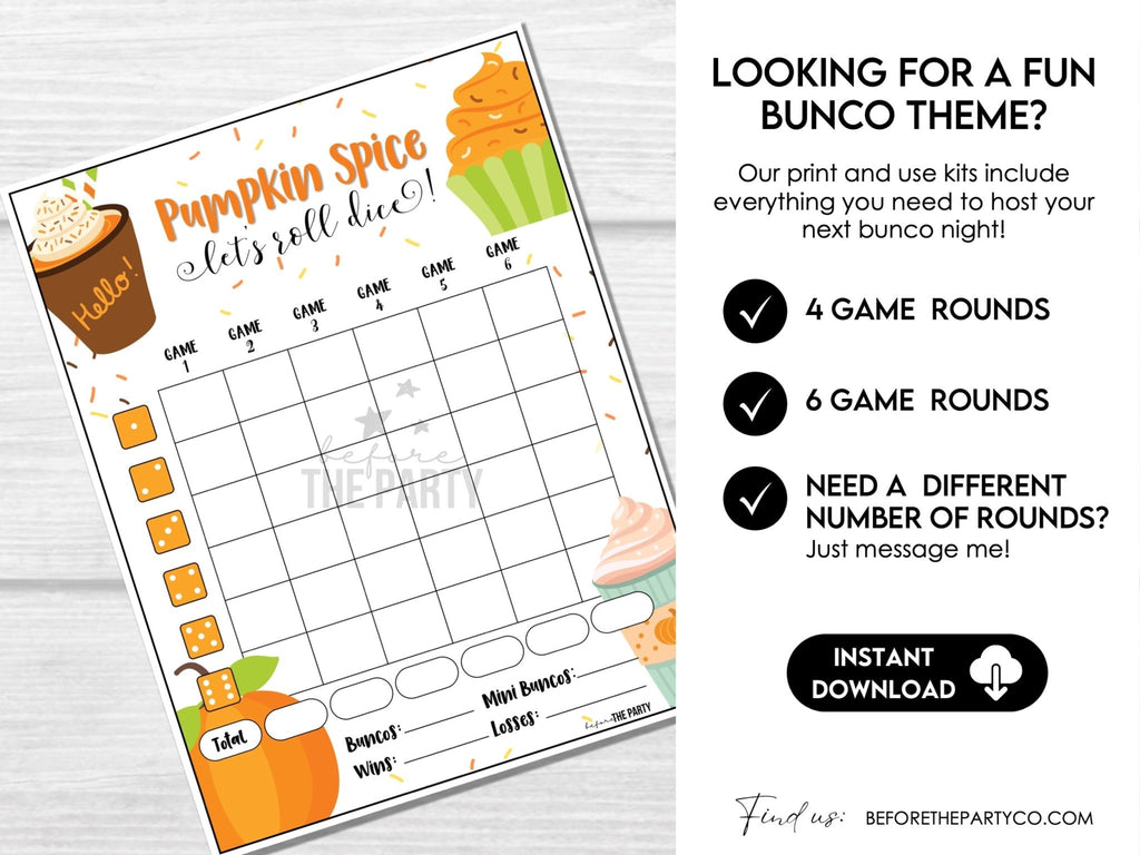 Pumpkin Spice Bunco Score Cards, Autumn Bunco Score Sheets, FALL Bunco Invitation - Before The Party