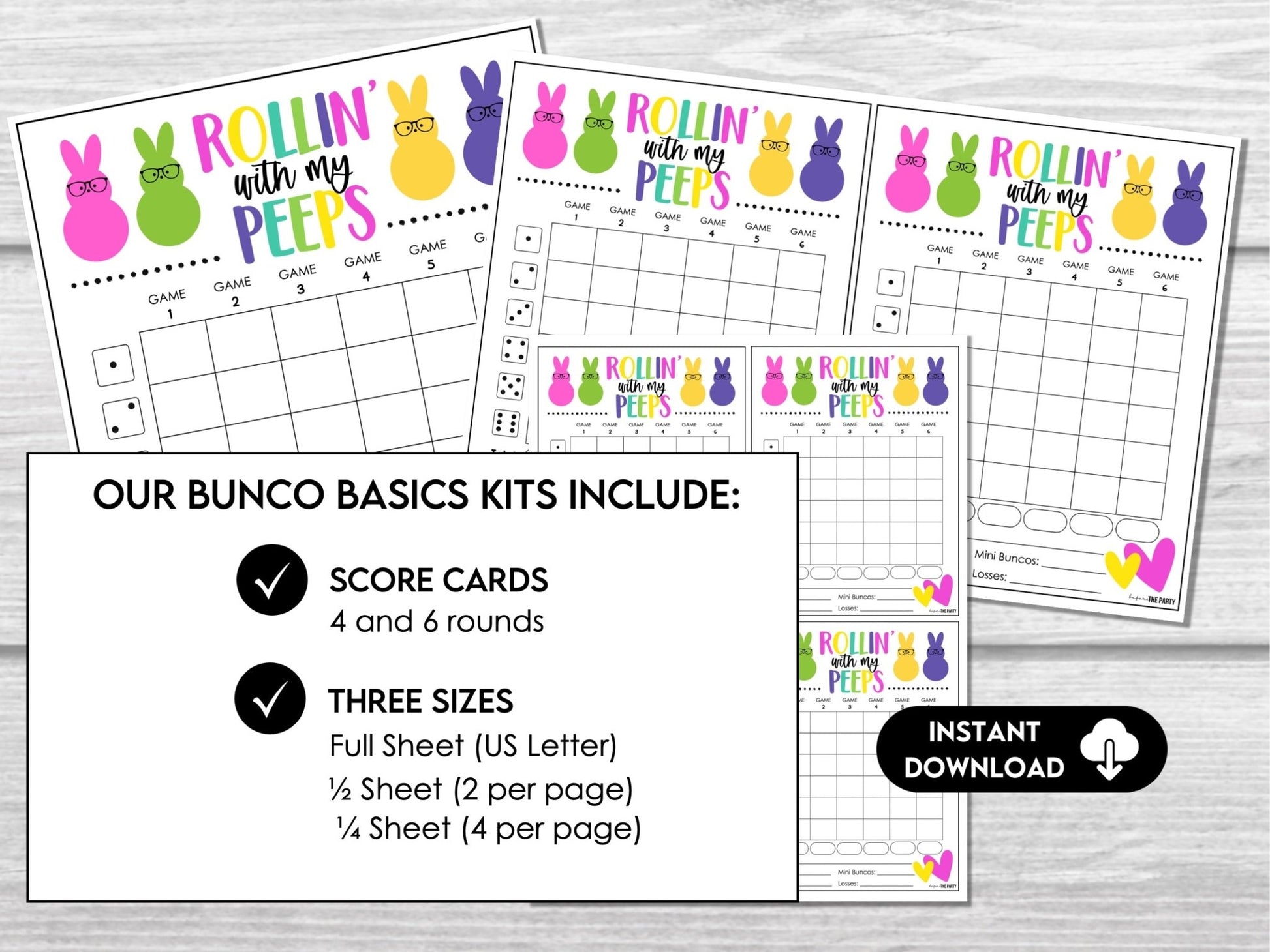Rollin with my Peeps Score Sheet Bundle, Fun Easter Scorecards, Tally Sheets for Bunco Night, Bunco Tally Sheet, 4 and 6 game rounds - Before The Party