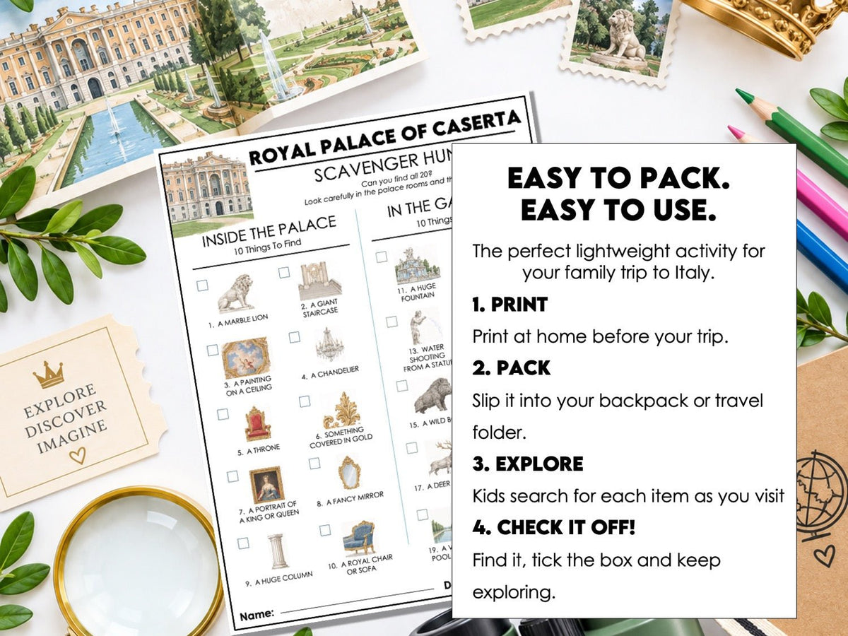 Royal Palace of Caserta Scavenger Hunt for Kids | Printable Italy Travel Activity