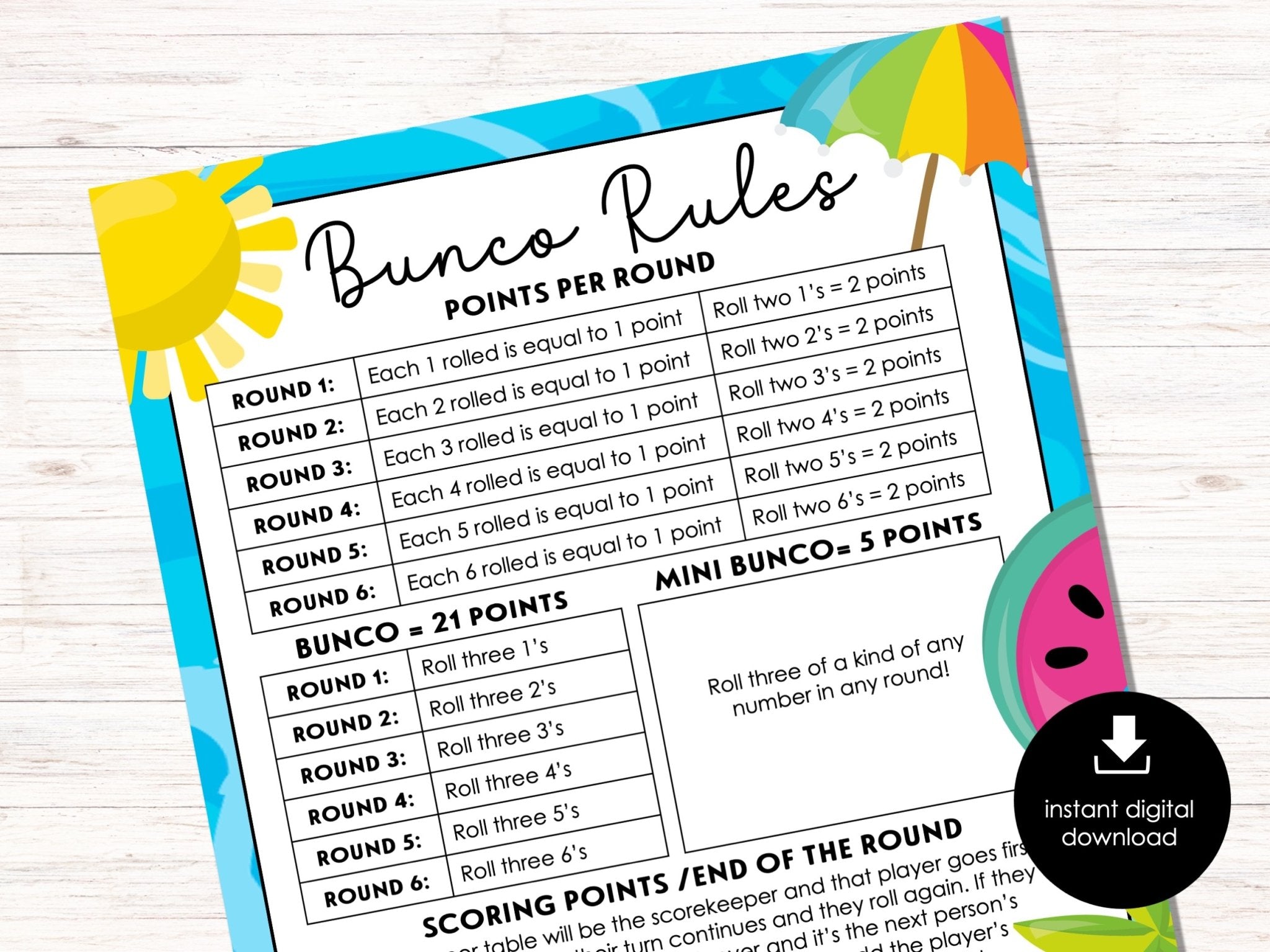 FREE Summer Theme Bunco Rules Sheets