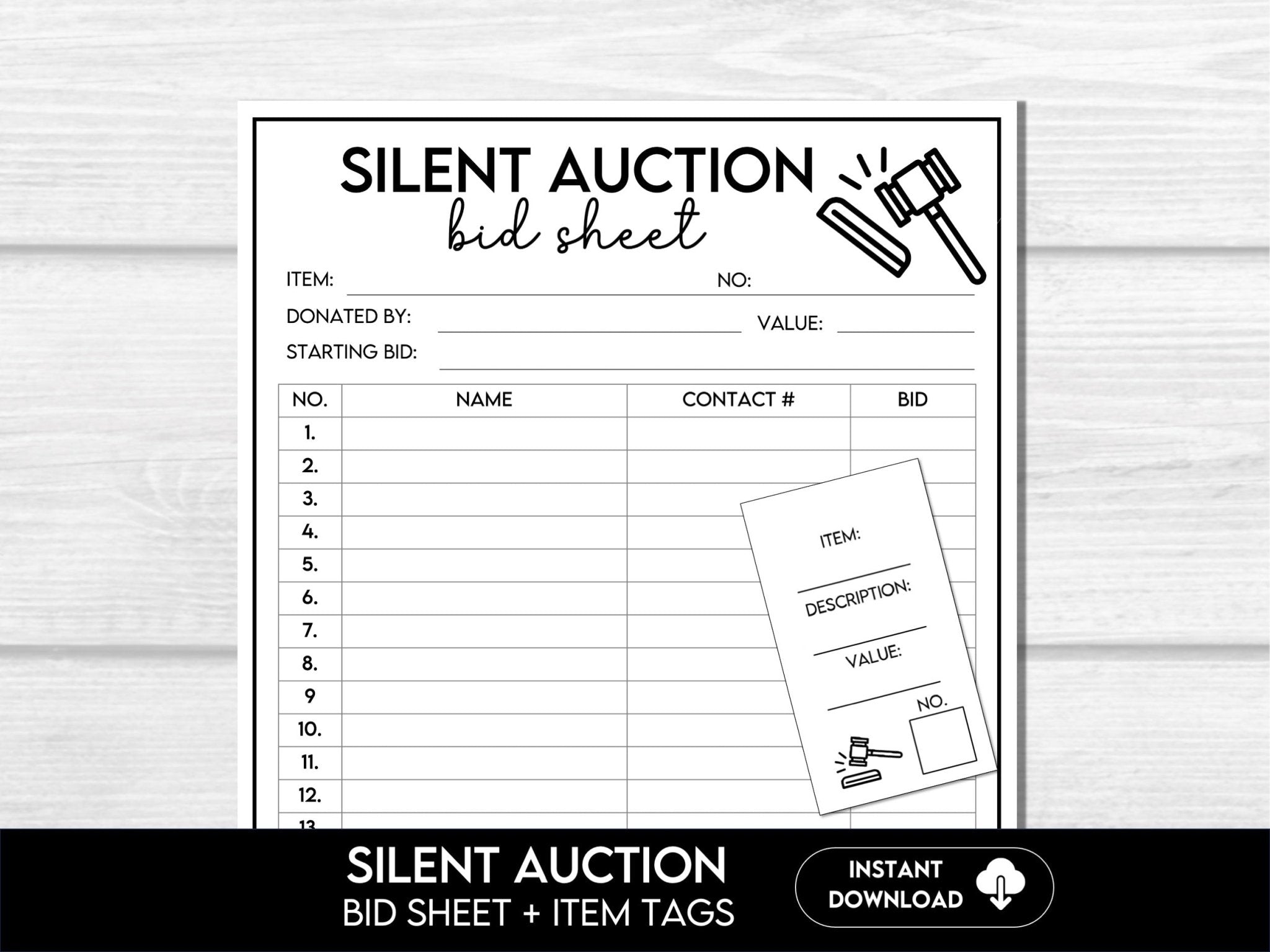 Silent Auction Bid Sheet, Silent Auction Sign Up Sheet, Fundraiser Event Sheet, Silent Auction Bidding Form, Printable Auction Item Tags - Before The Party