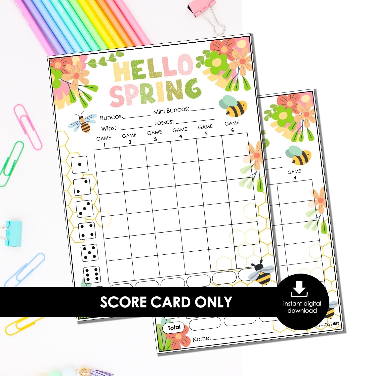 Spring Bunco Score Cards – Bee Floral Printable Bunco Score Sheets (Cards Only)
