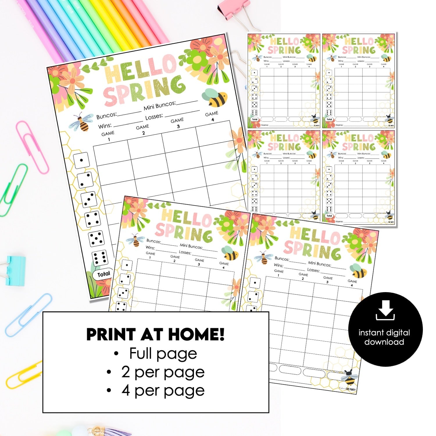 Spring Bunco Score Cards – Bee Floral Printable Bunco Score Sheets (Cards Only)