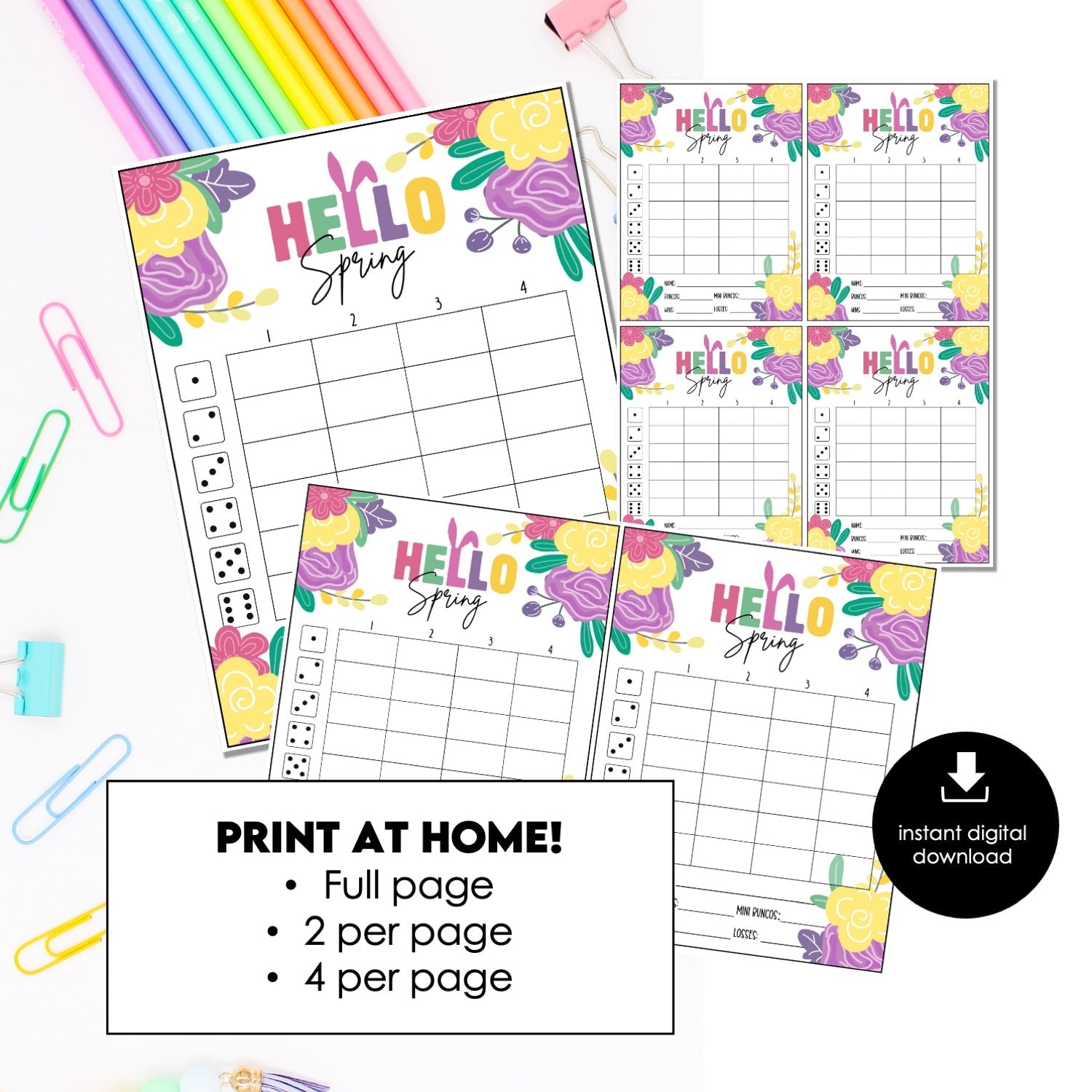 Spring Bunco Score Cards – Floral “Hello Spring” Printable Bunco Score Sheets (Cards Only)
