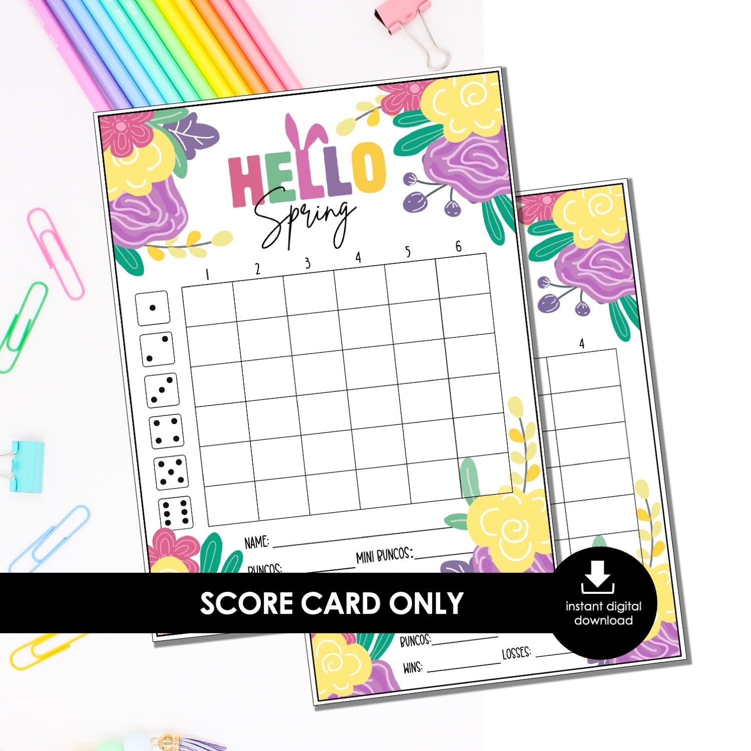 Spring Bunco Score Cards – Floral “Hello Spring” Printable Bunco Score Sheets (Cards Only)