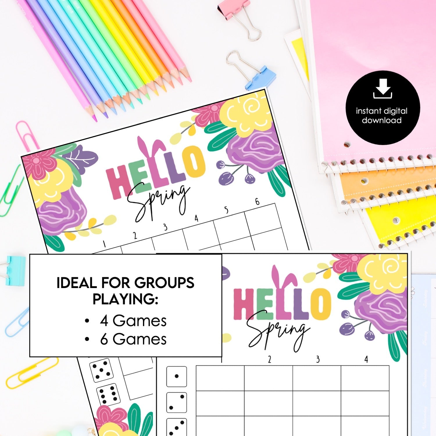 Spring Bunco Score Cards – Floral “Hello Spring” Printable Bunco Score Sheets (Cards Only)