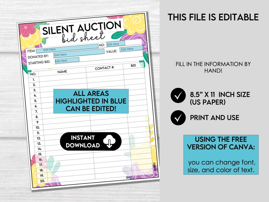 Spring Silent Auction Bid Sheet, Floral Silent Auction Sign Up Sheet, Fundraiser Event Sheet, Silent Auction Bidding Form, Editable in Canva - Before The Party