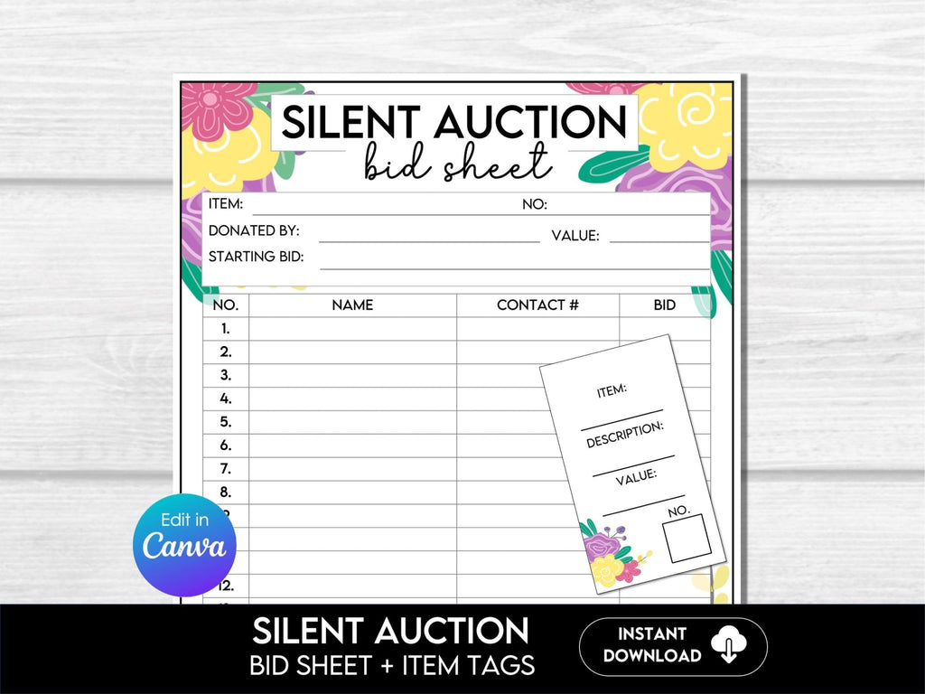 Spring Silent Auction Bid Sheet, Floral Silent Auction Sign Up Sheet, Fundraiser Event Sheet, Silent Auction Bidding Form, Editable in Canva - Before The Party