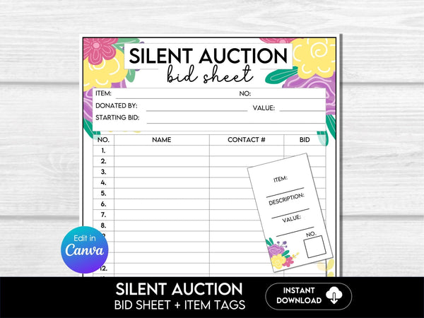 Spring Silent Auction Bid Sheet, Floral Silent Auction Sign Up Sheet, Fundraiser Event Sheet, Silent Auction Bidding Form, Editable in Canva - Before The Party