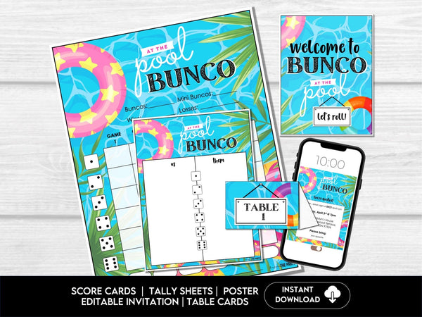 Summer Pool Party Bunco Score Cards, Swim Party Bunco Theme, Tally Cards, Table Cards & Invitation - Before The Party