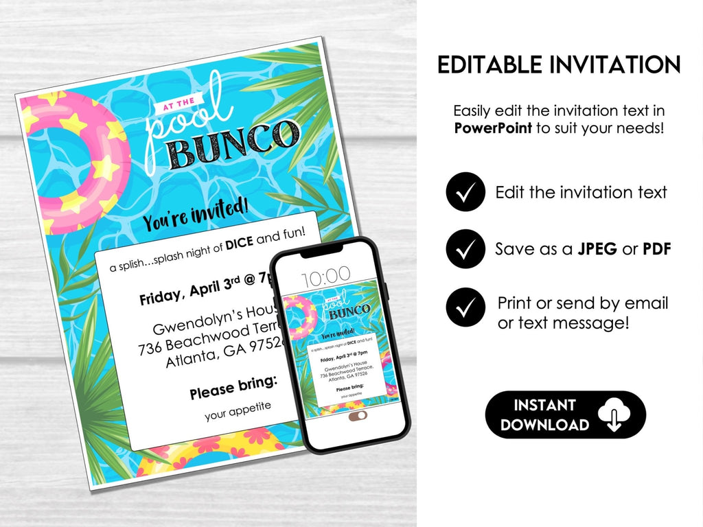 Summer Pool Party Bunco Score Cards, Swim Party Bunco Theme, Tally Cards, Table Cards & Invitation - Before The Party