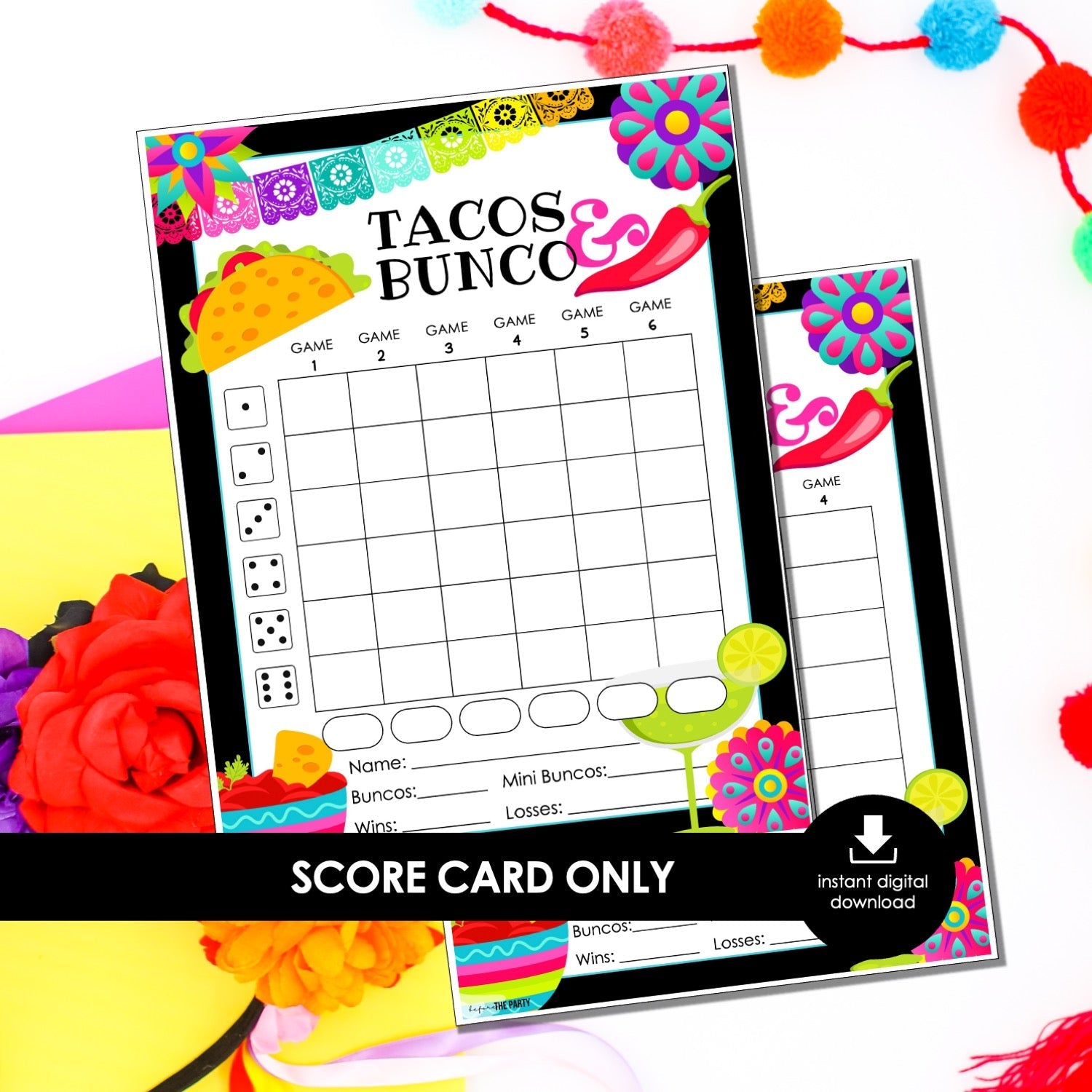 Tacos & Bunco Score Cards – Fiesta Party Printable Bunco Score Sheets (Cards Only)