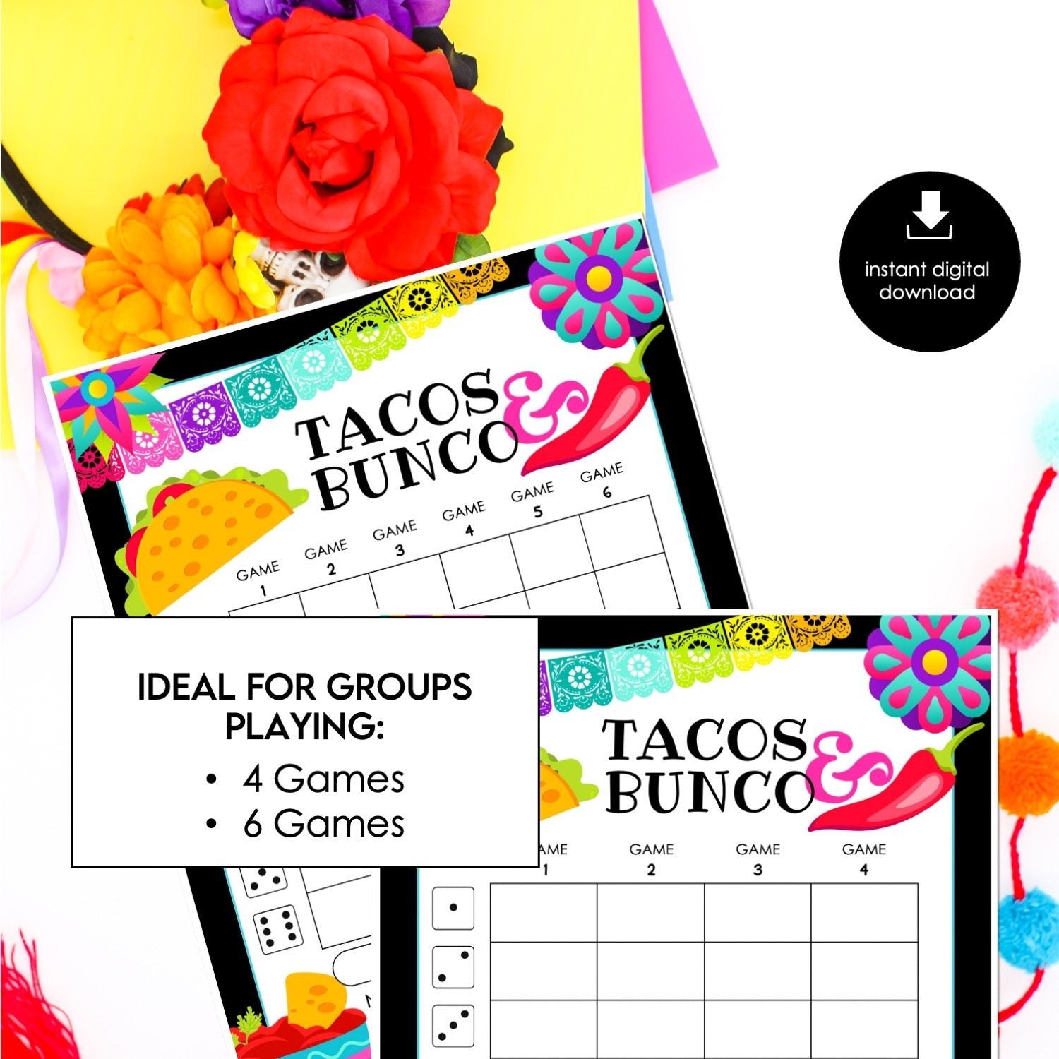Tacos & Bunco Score Cards – Fiesta Party Printable Bunco Score Sheets (Cards Only)