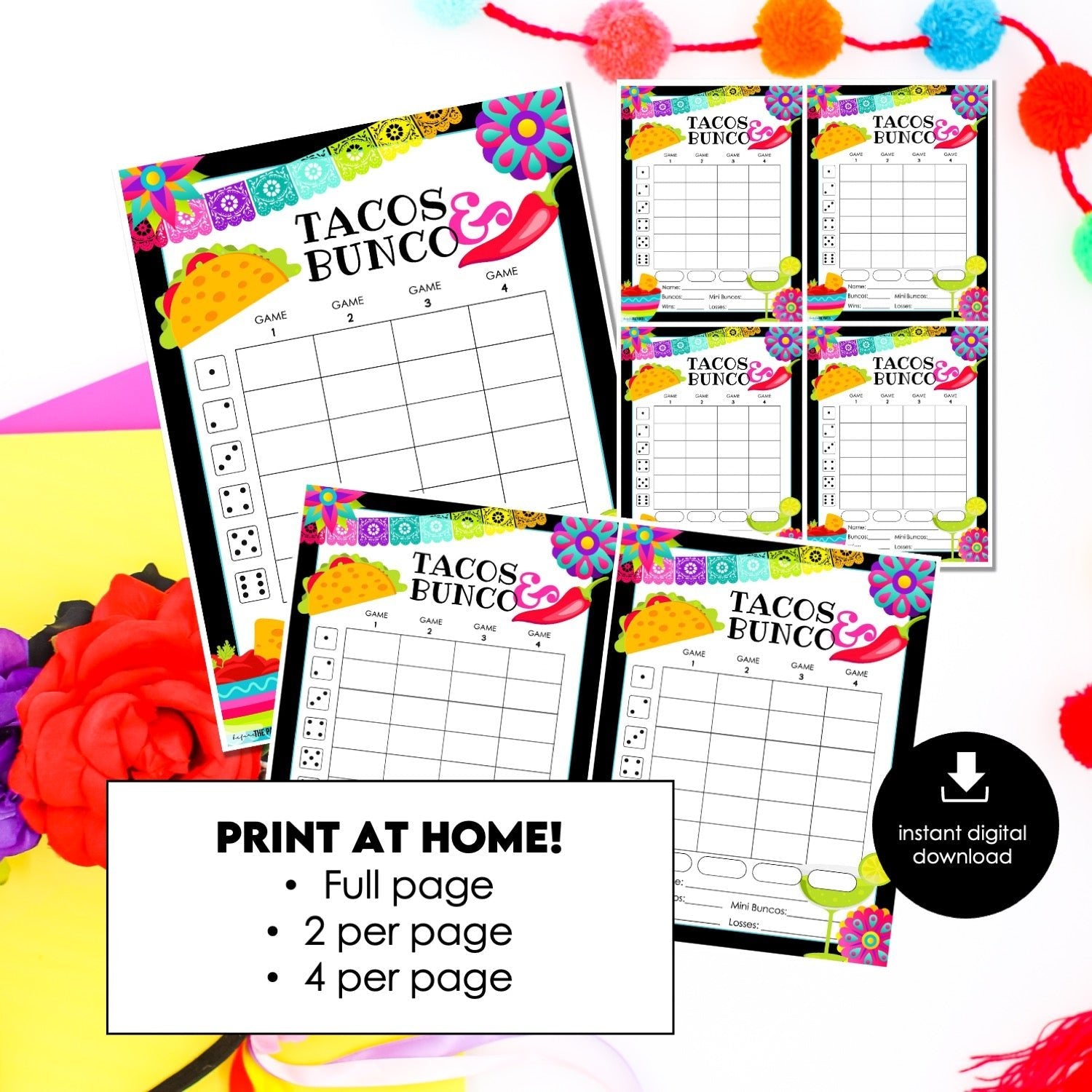 Tacos & Bunco Score Cards – Fiesta Party Printable Bunco Score Sheets (Cards Only)