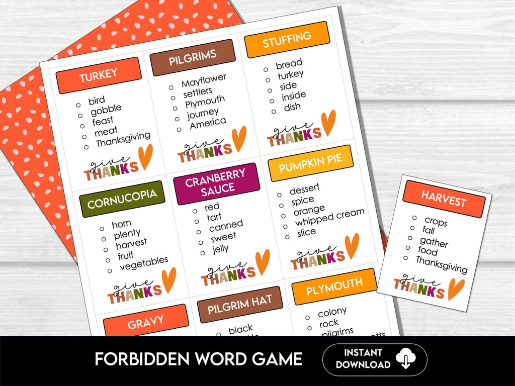 Thanksgiving Forbidden Word Game | Thanksgiving Guess The Word Game | Printable Thanksgiving Party Games | Thanksgiving Games, Kids & Adults - Before The Party