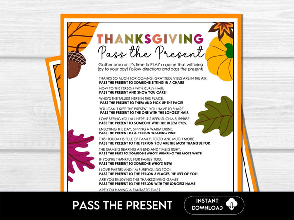 Thanksgiving Pass the Present, Thanksgiving Pass the Gift Game, Thanksgiving Party Game, Thanksgiving Activity, Thanksgiving Left Right Game - Before The Party