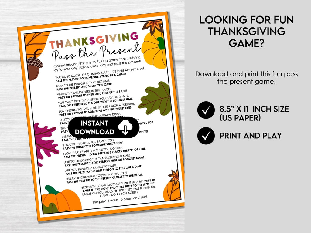 Thanksgiving Pass the Present, Thanksgiving Pass the Gift Game, Thanksgiving Party Game, Thanksgiving Activity, Thanksgiving Left Right Game - Before The Party