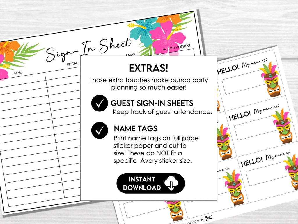 Tropical Summer Bunco Score Sheets, Luau Party Bunco Score Cards, Tiki Summer - Before The Party