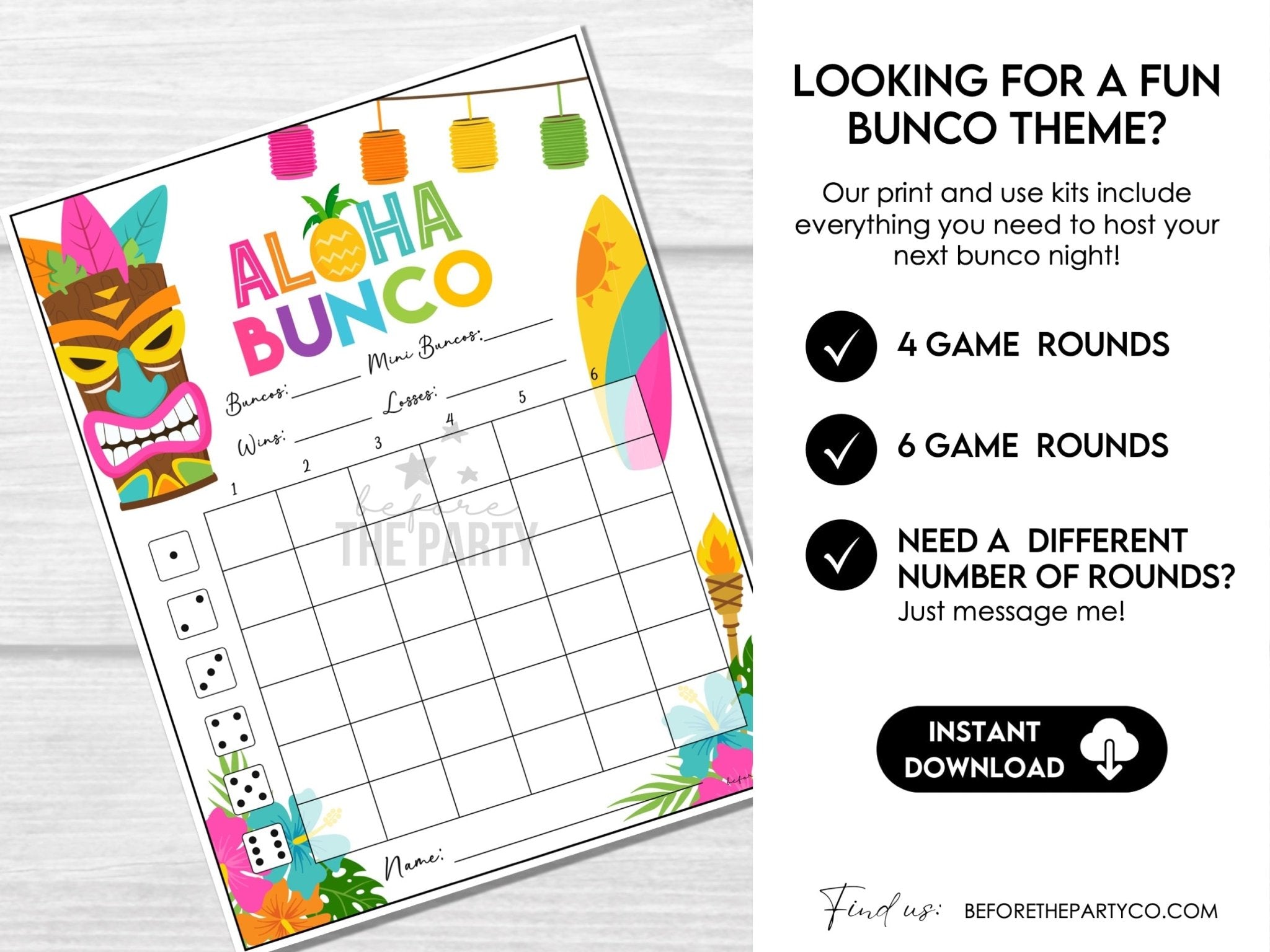 Tropical Summer Bunco Score Sheets, Luau Party Bunco Score Cards, Tiki Summer - Before The Party
