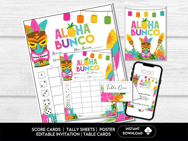 Tropical Summer Bunco Score Sheets, Luau Party Bunco Score Cards, Tiki Summer - Before The Party