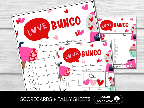 Valentines Bunco Score Sheets, February Bunco Party Set, Galentine's Bunco Scorecards 4 games & 6 games, Tally Sheets, Table Number Cards - Before The Party