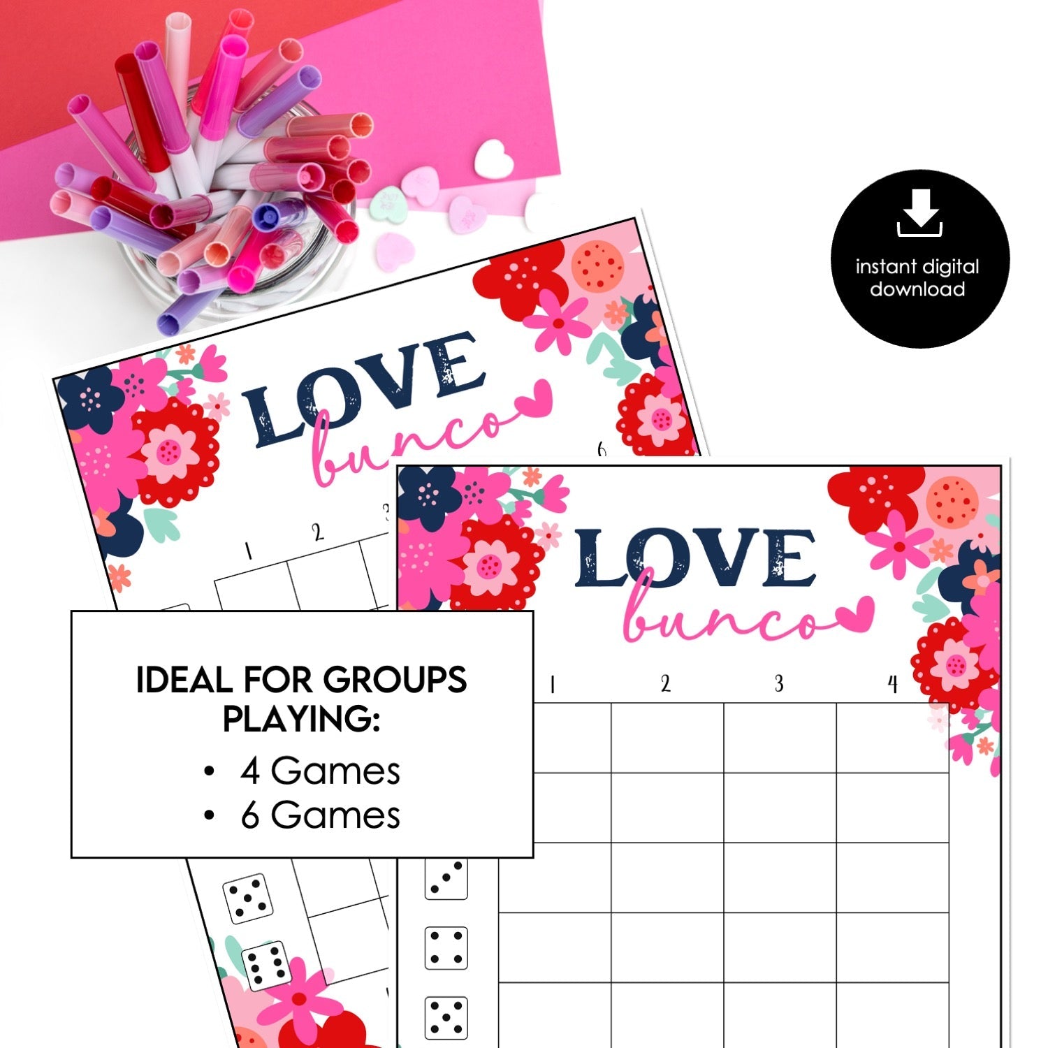Valentine’s Day Bunco Game Score Cards Only, Printable Score Sheets, Love, Galentine's