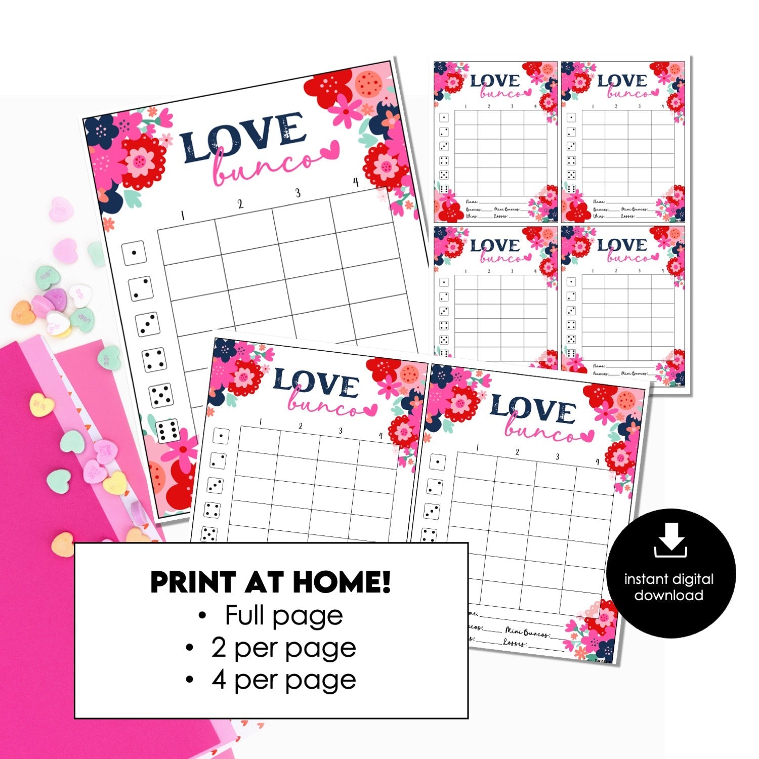 Valentine’s Day Bunco Game Score Cards Only, Printable Score Sheets, Love, Galentine's