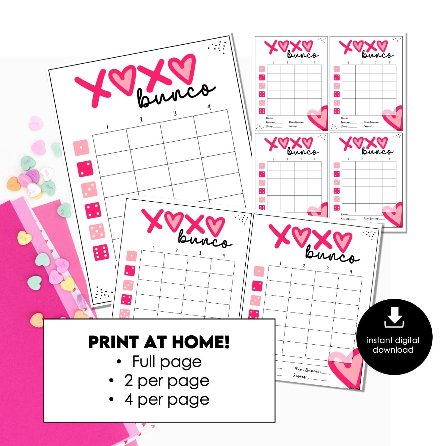 Valentine’s Day Bunco Score Cards – Hearts & XOXO Galentine’s Score Sheets