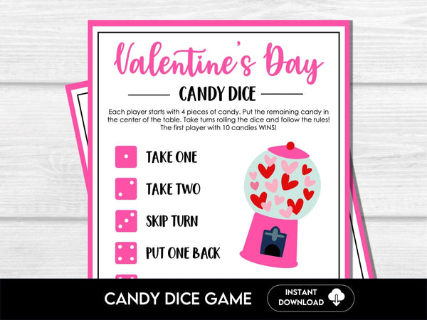 Valentine's Day Candy Dice Game, Valentine's Activity for kids, Printable Valentine's Day Game, School Party Game, Pass the Candy Game - Before The Party