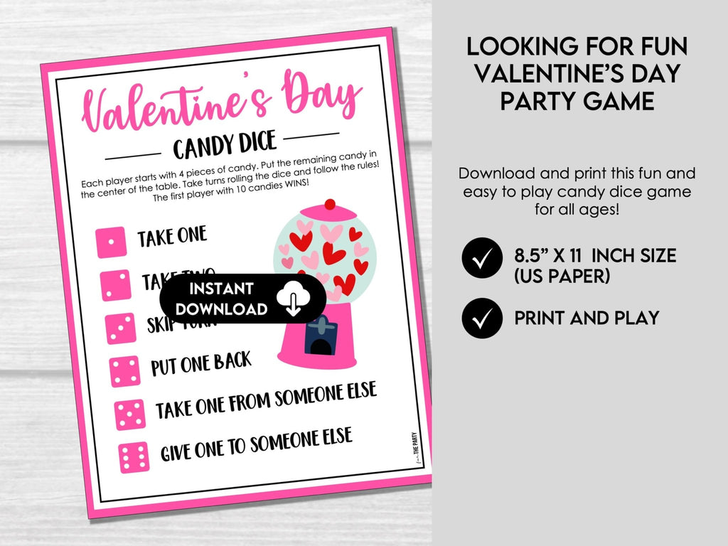 Valentine's Day Candy Dice Game, Valentine's Activity for kids, Printable Valentine's Day Game, School Party Game, Pass the Candy Game - Before The Party